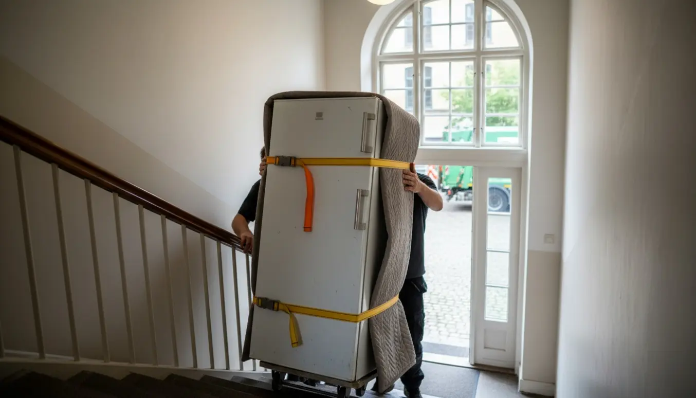 To flyttefolk bærer et køleskab ned ad en snæver opgang på Christianshavn klar til genbrug.