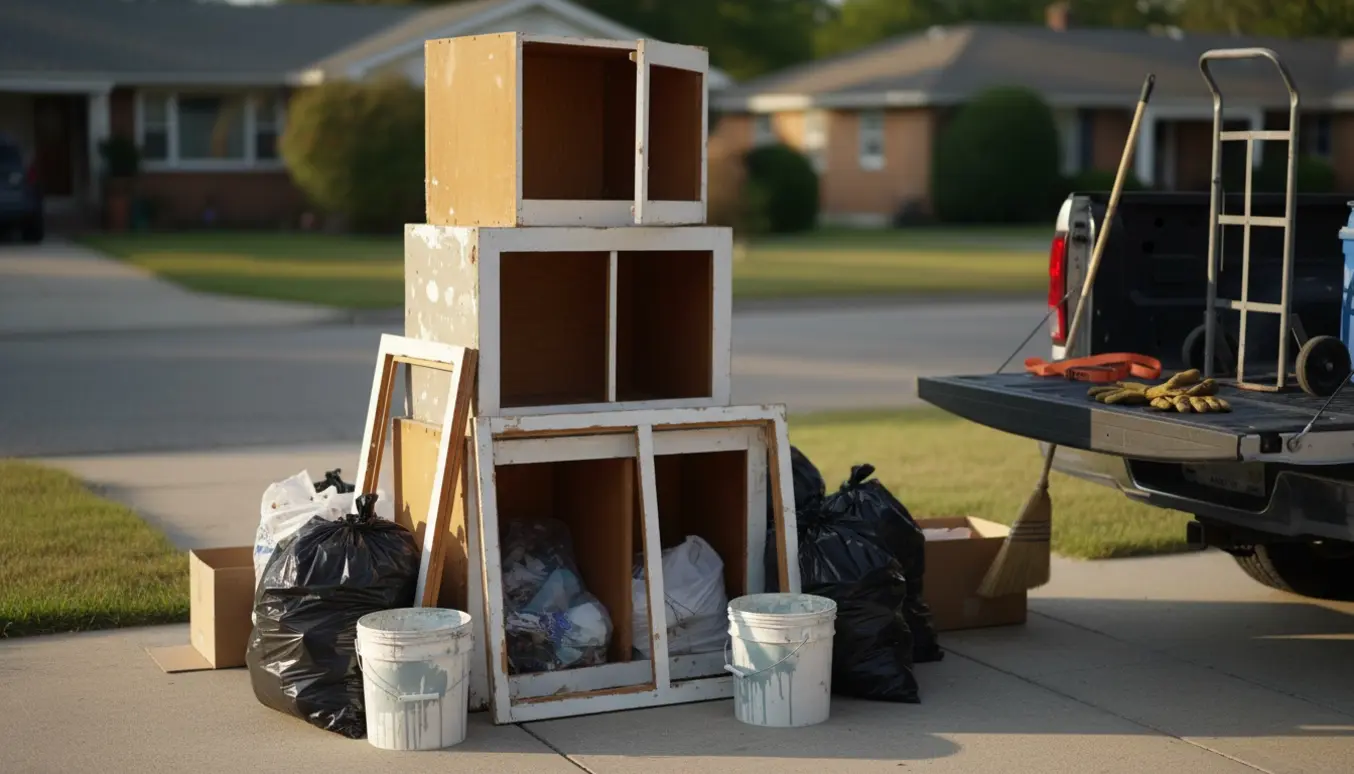 Tre nedlagte skabe, sorte affaldssække og tomme malerspande samlet på en indkørsel klar til bortskaffelse.