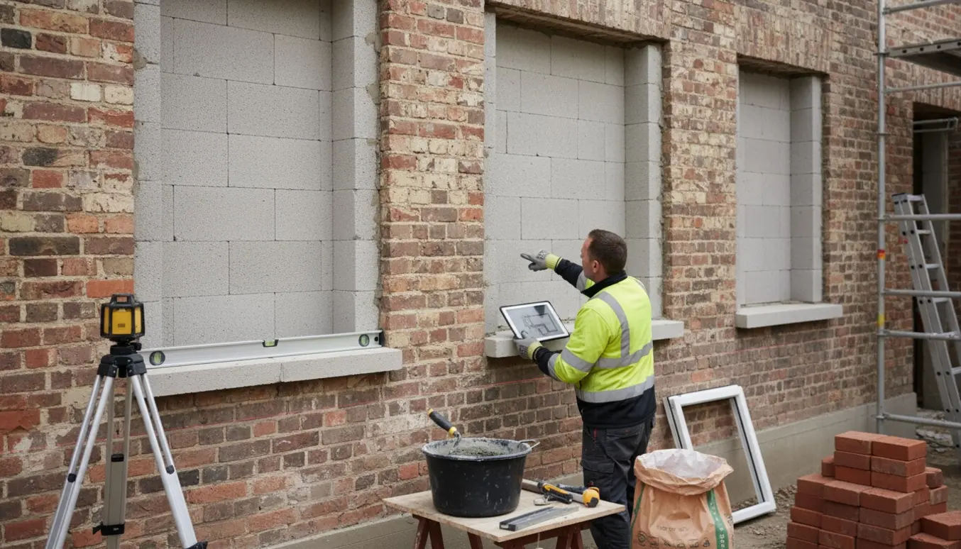 Inspektør vurderer tre murhuller med gasbeton og murerredskaber ved en ydermur.