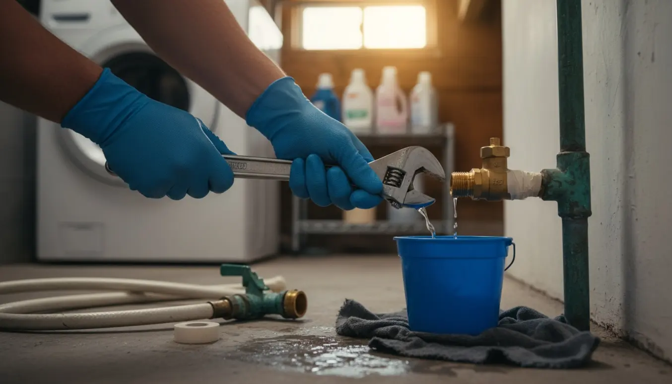 Nærbillede af hænder, der monterer en ny stophane på en vandledning i et kælderrum ved vaskemaskinen.