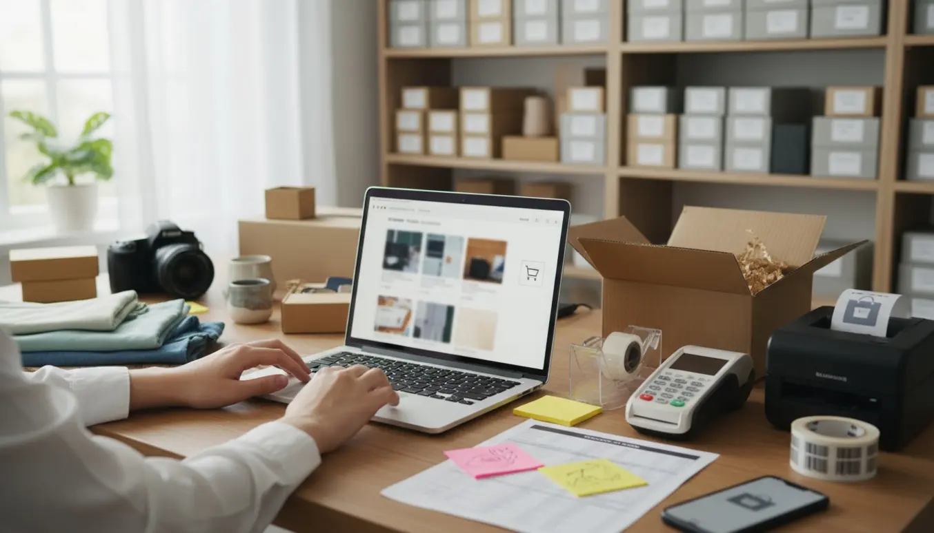 Hænder ved en bærbar med sløret webshop-layout omgivet af pakkeudstyr og produktprøver i et lyst hjemmekontor.