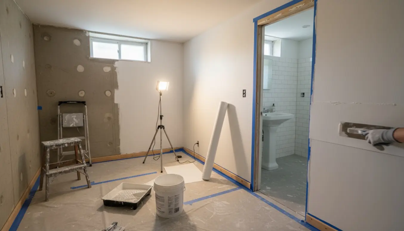 Kælder under renovering med spartlede vægge, ny filt og en håndværker, der glatter spartelmasse.