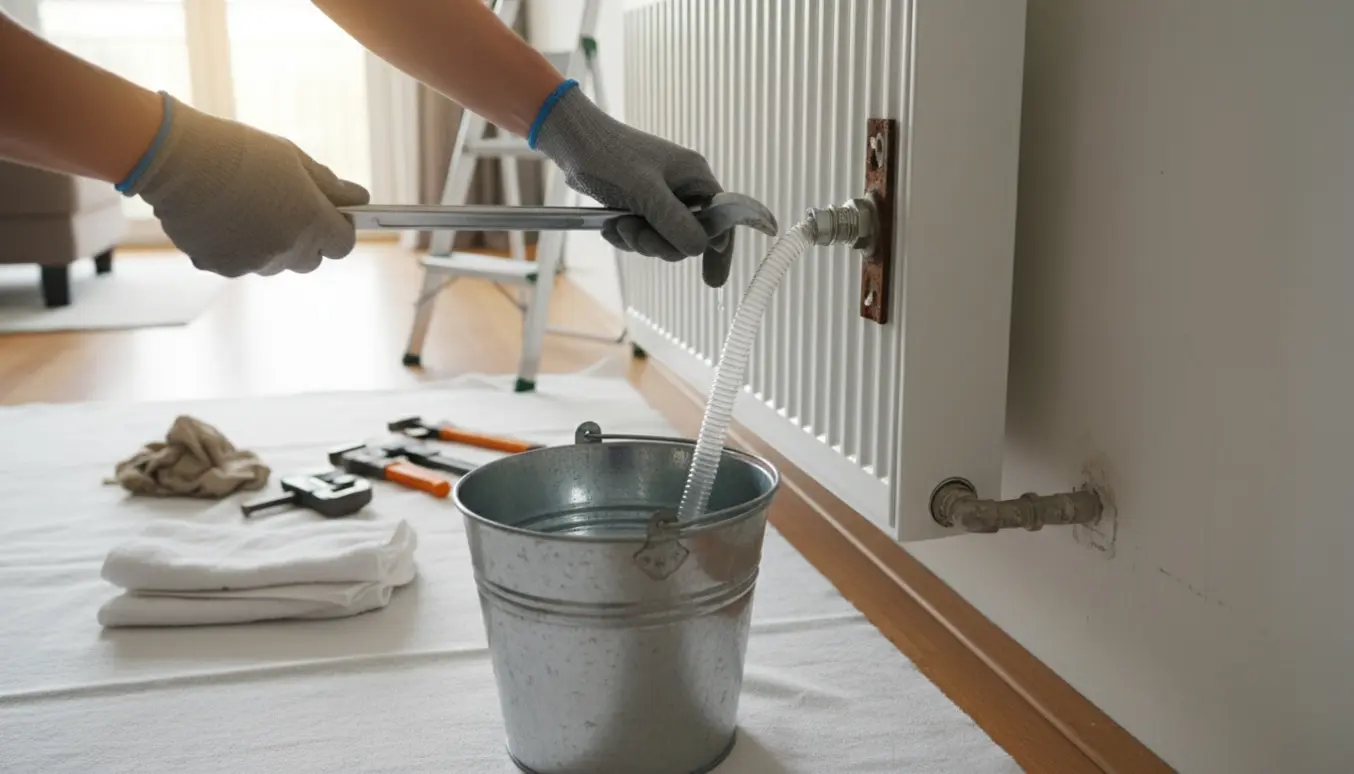 Handskeklædte hænder løsner en radiatorventil i en lys lejlighed med spand og værktøj klar på gulvet.