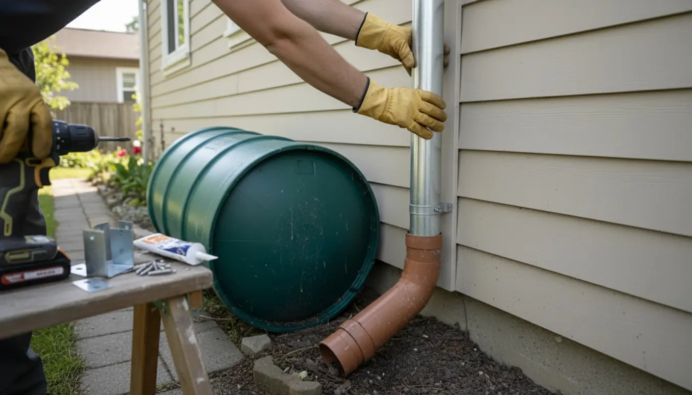 Hænder monterer et nyt nedløbsrør på husfacaden ved siden af en fjernet regnvandstønde.