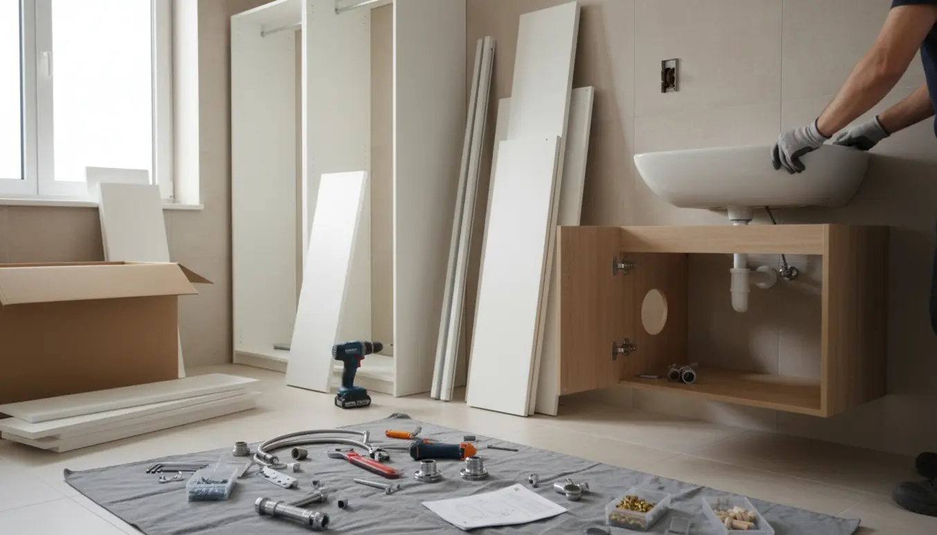 Delvist monteret IKEA PAX garderobe og underskab under vasken i et lyst badeværelse med værktøj og hænder i arbejde.