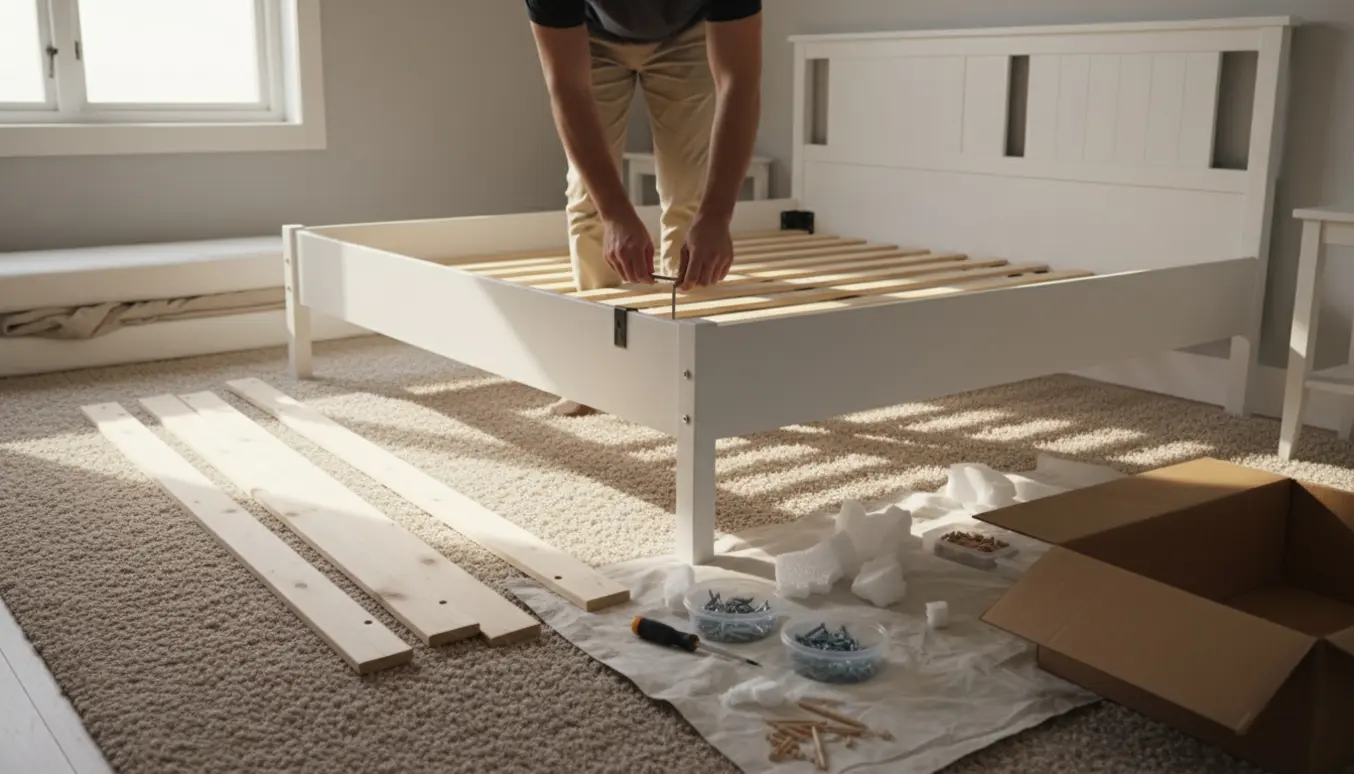 Nærbillede af samling af en HEMMES-stil hvid træ seng med værktøj på gulvet, ansigt ude af billedet.