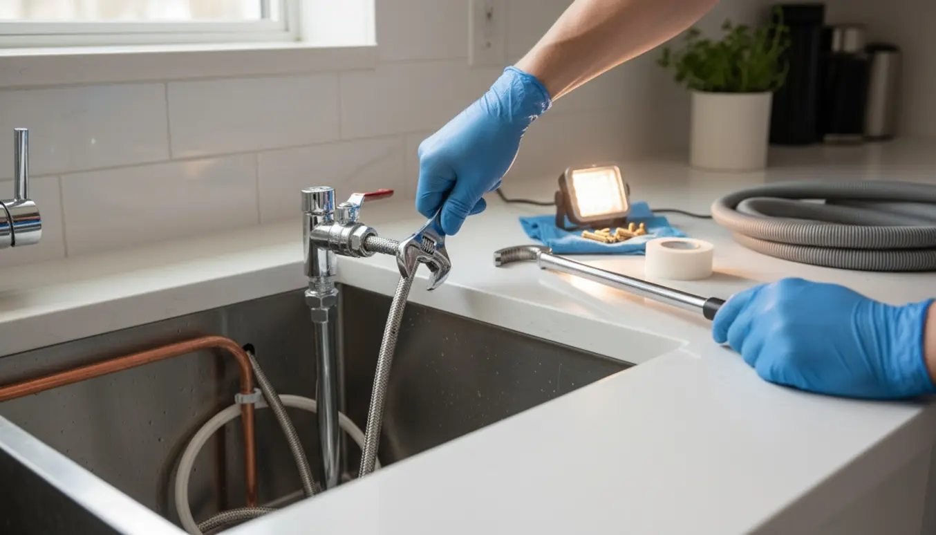 Nærbillede af hænder, der tilslutter opvaskemaskinens vandslange under køkkenvasken med værktøj og en ny køkkenarmatur på bordpladen.