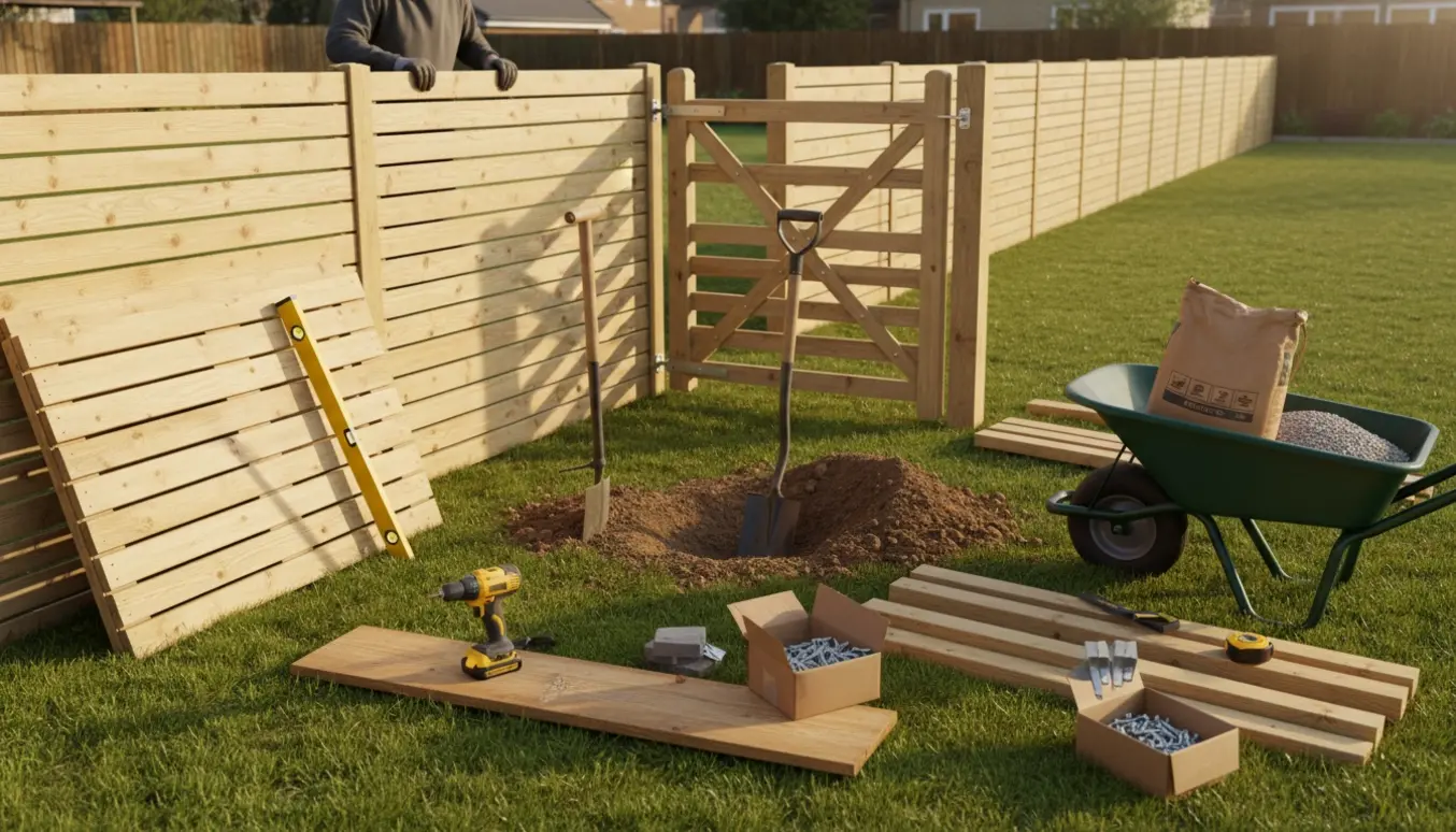 Nyopsat lamelhegn på cirka 13 meter med låge og værktøj i forgrunden under installation.