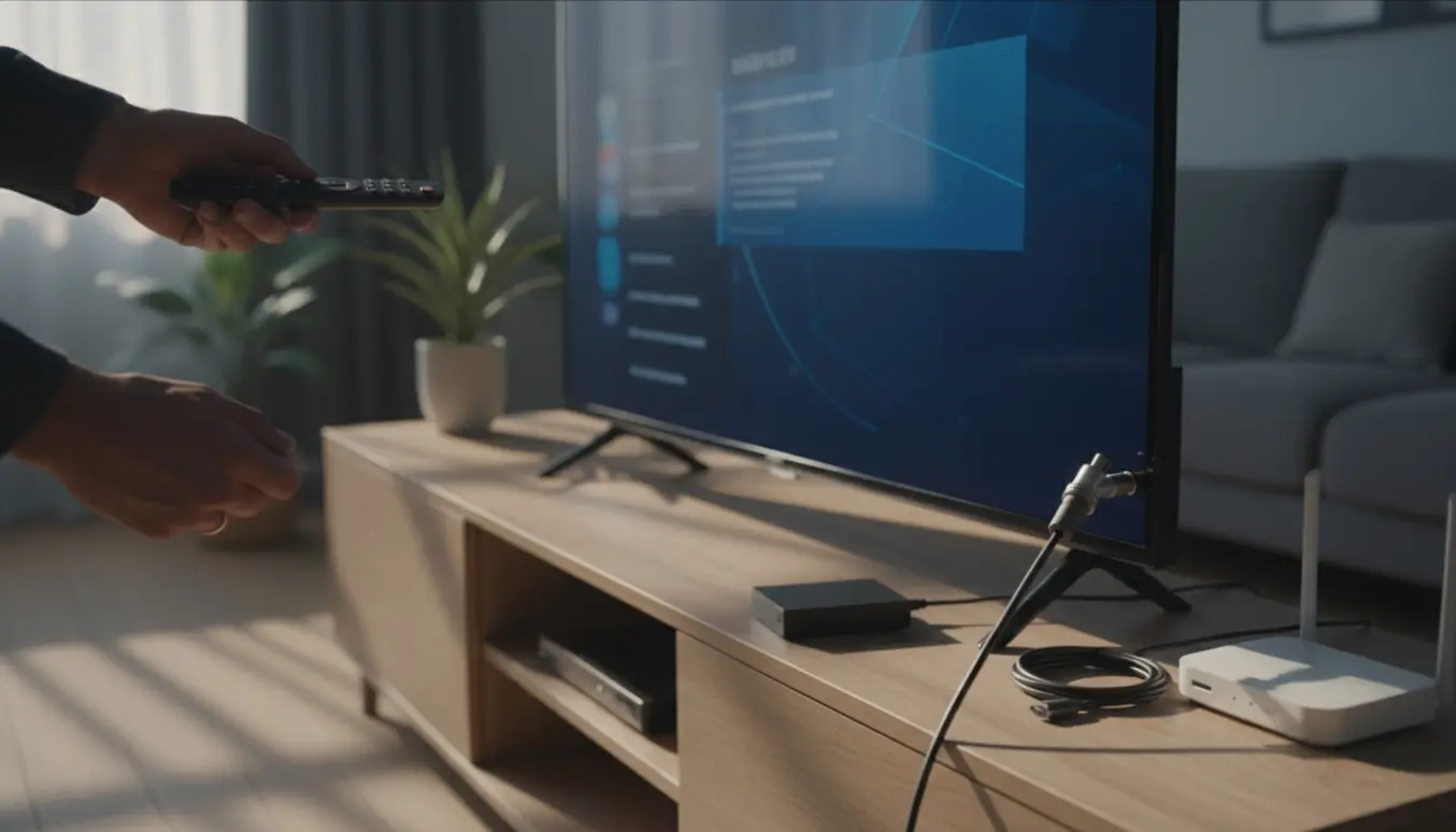 Nærbillede af hænder, der tilslutter en koaksialkabel til et Samsung smart-tv, mens en fjernbetjening peger mod skærmen.