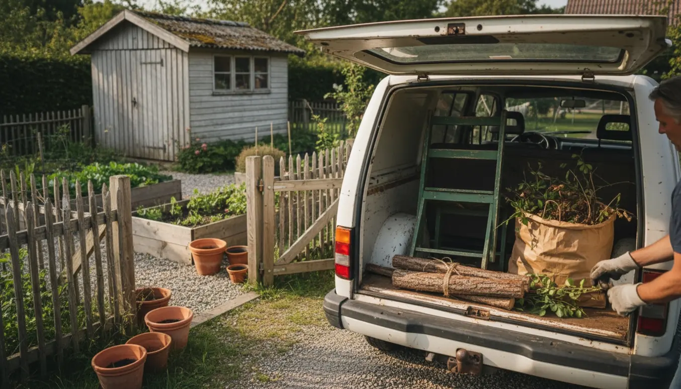 Åben varevogn uden for en kolonihave med en træstol, pose haveaffald og korte brædder klar til afhentning.