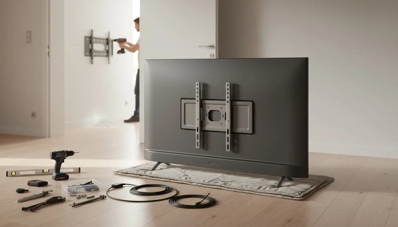 Et væghængt tv flyttes mellem to rum med monteringsbeslag, værktøj og kabelføring.