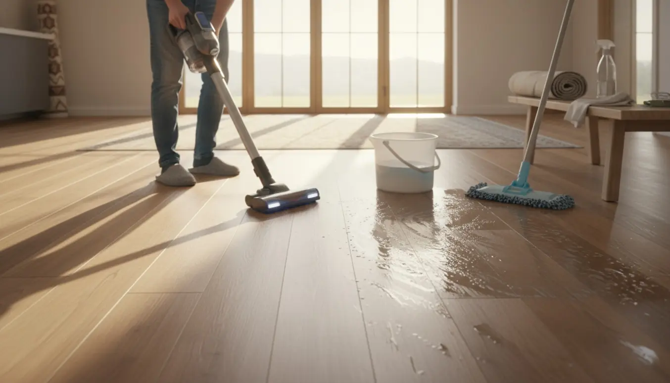 Hænder vasker og støvsuger trægulv i en lys villa.
