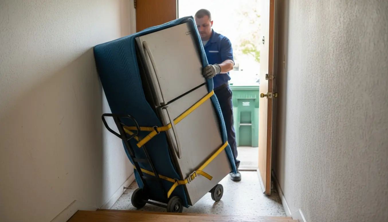 To personer flytter et køle-/fryseskab ned ad en kort trappe ved lejlighedens hoveddør med sækkevogn og flyttestropper.