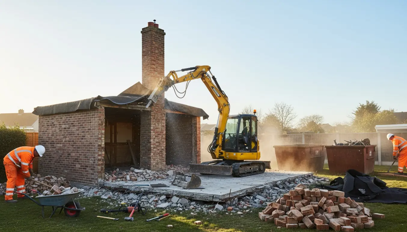 Mini-gravemaskine nedriver et murstensskur med skorsten og tagpap, med murbrokker og genbrugsmaterialer samlet ved siden af.