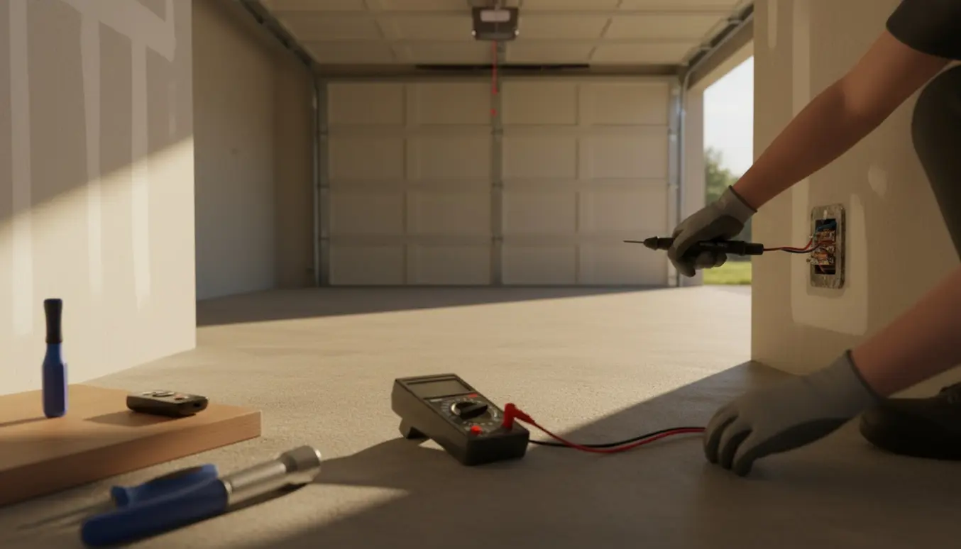 Hænder tester en død stikkontakt i en garage med portåbner og værktøj.