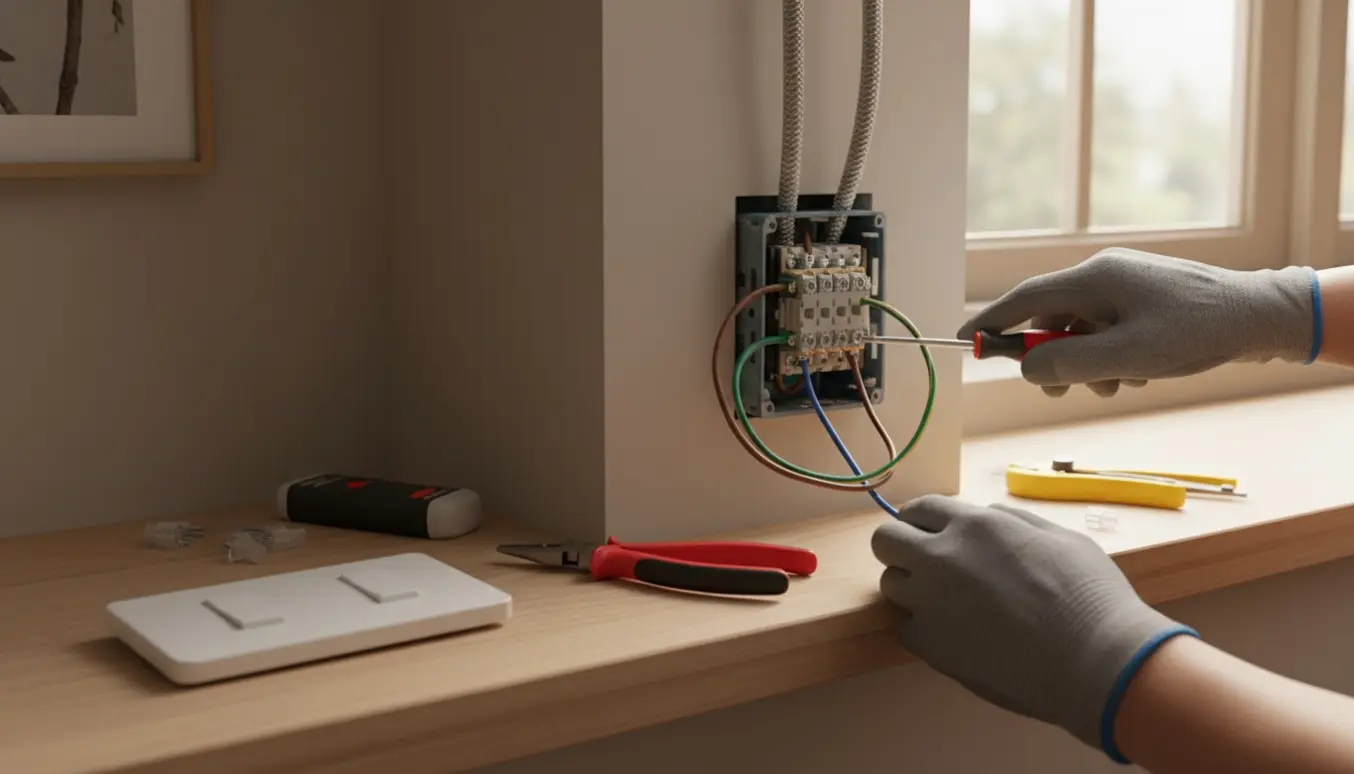 Nærbillede af hænder, der retter ledninger bag en hvid dobbeltafbryder i et hjem.