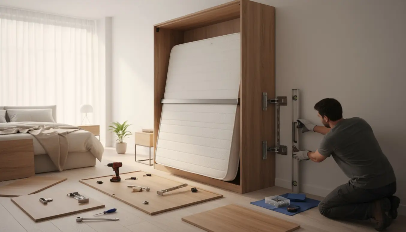 Hyperrealistisk billede af montering af en skabsseng med værktøj og installerende hænder uden synlige ansigter.