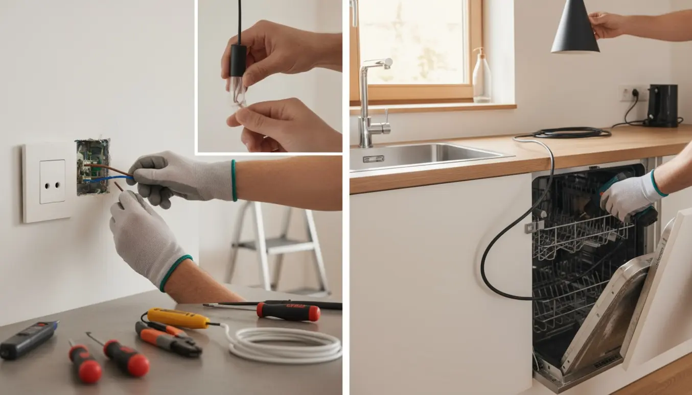 Elektriker arbejder med stikdåse, opvaskermådel og samlemuffe ved montering af lampe i et køkken.