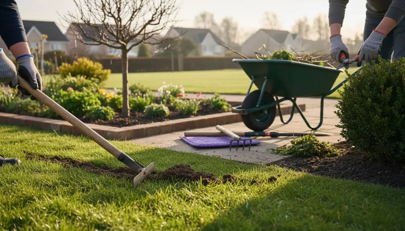 Nærbillede af havearbejde med græskantning, ukrudtsfjernelse og beskæring af buske.