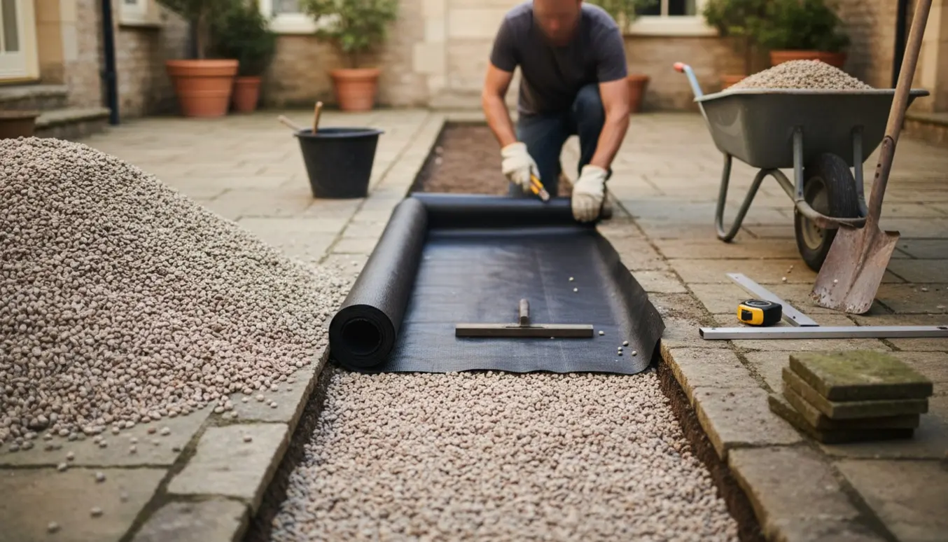 Ukrudtsdug rulles ud i en gårdsplads, med bunker af ærtesten og værktøj i nærheden.