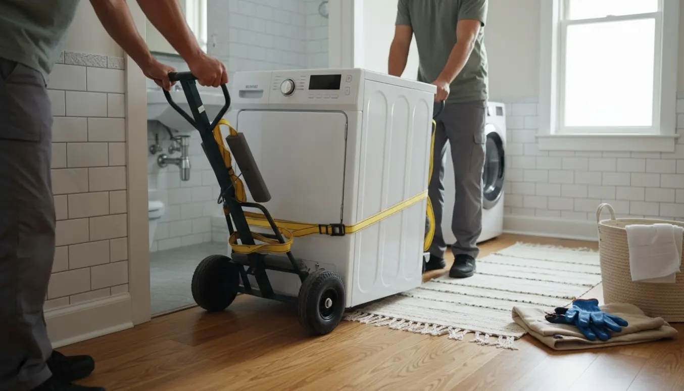 En tung tørretumbler flyttes fra badeværelse til gang på en tralle, kun hænder og arme synlige.