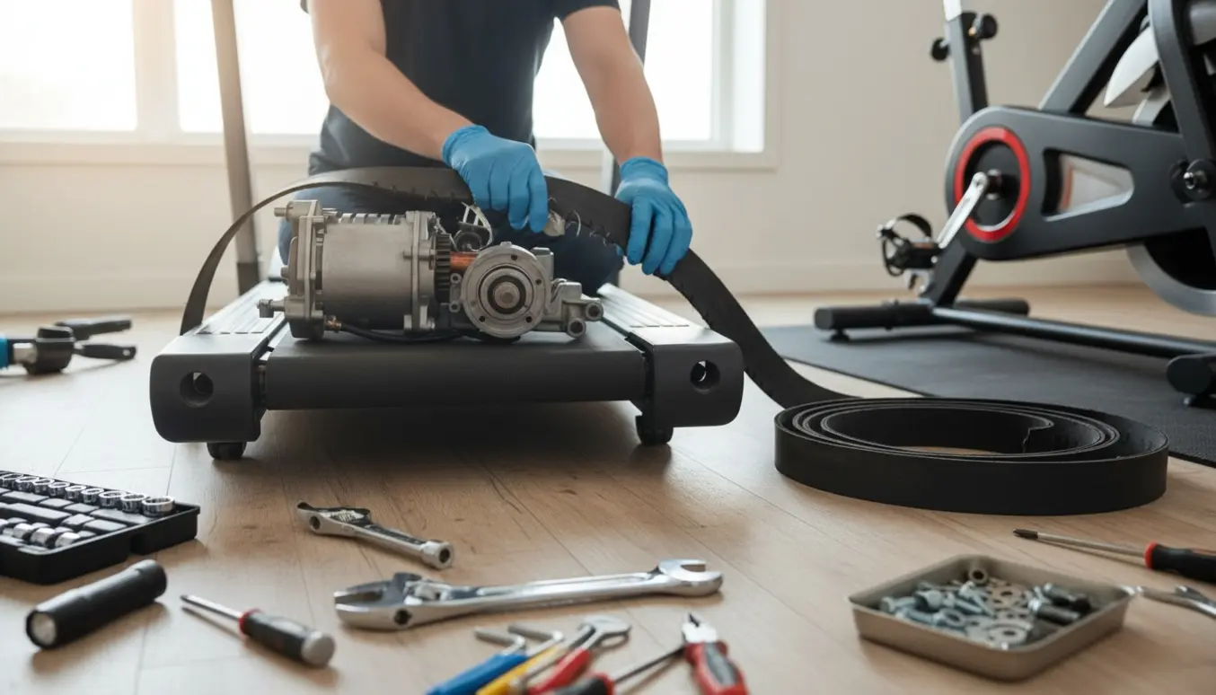 Udsnit af et åbent løbebånd med et skåret bånd, reservedele og værktøj, og en motionscykel ved siden af klar til opstramning.