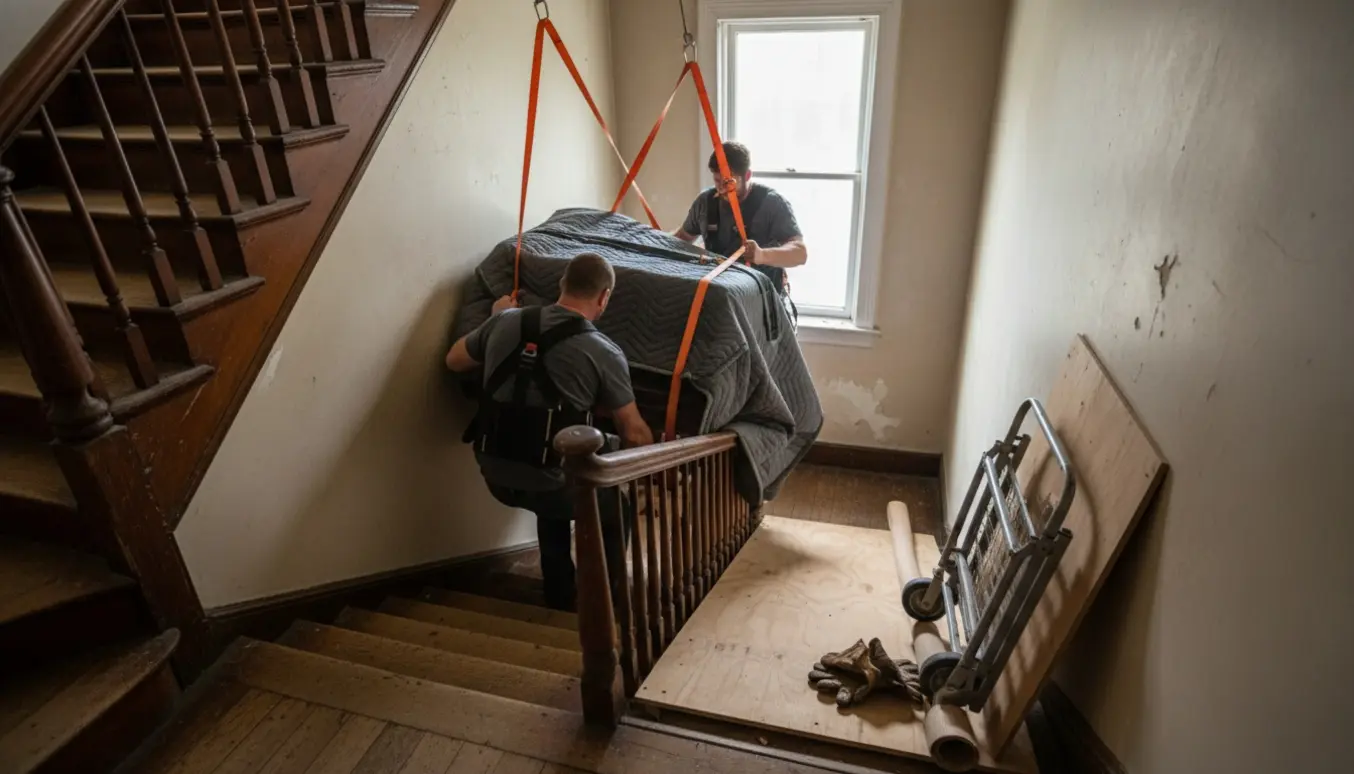 Flyttefolk manøvrerer et opretstående klaver ned ad en smal trappe uden elevator med tæpper og stropper.