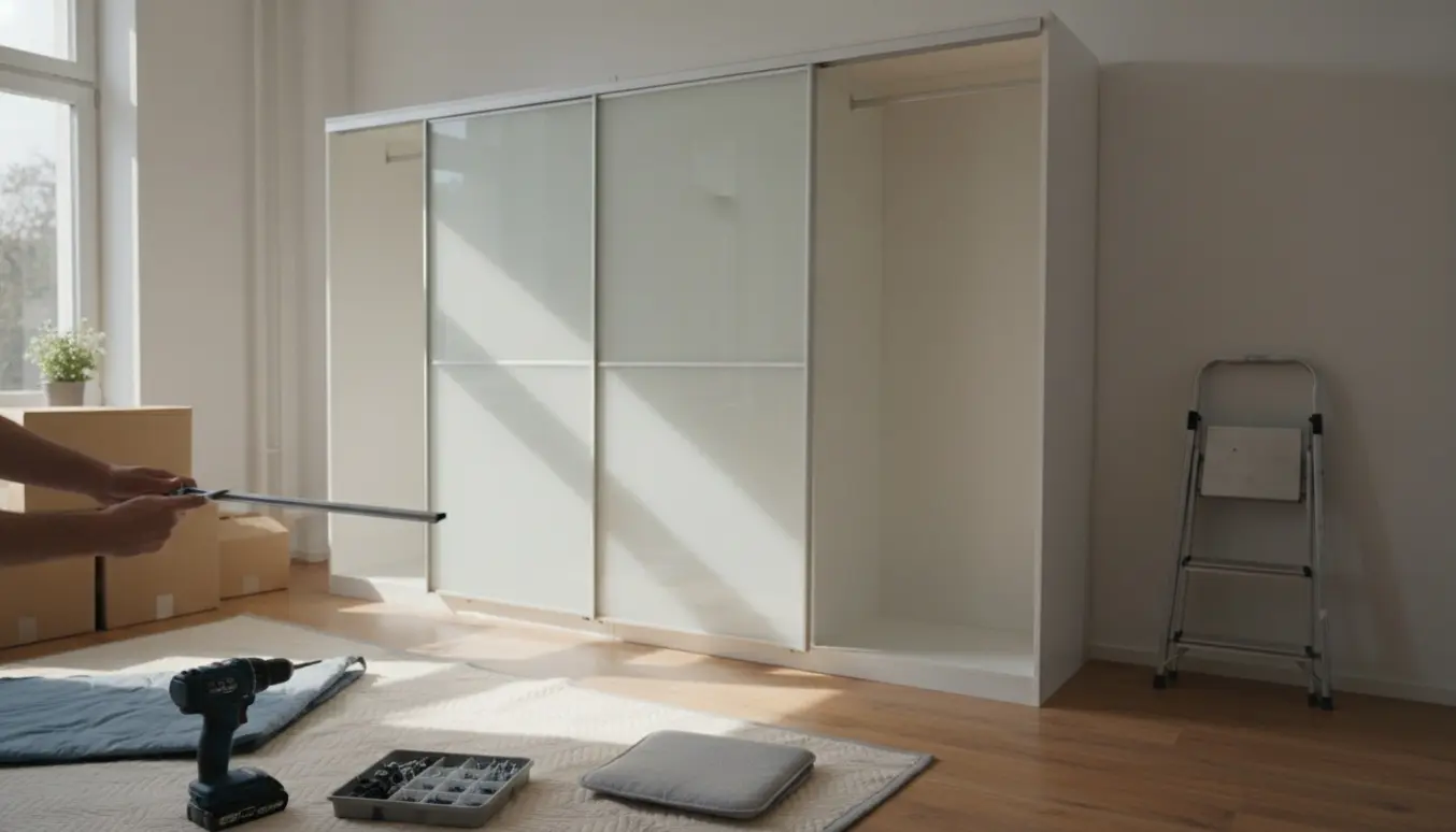 Hænder samler et højt PAX-garderobeskab med skydedøre i en lys lejlighed efter flytning.