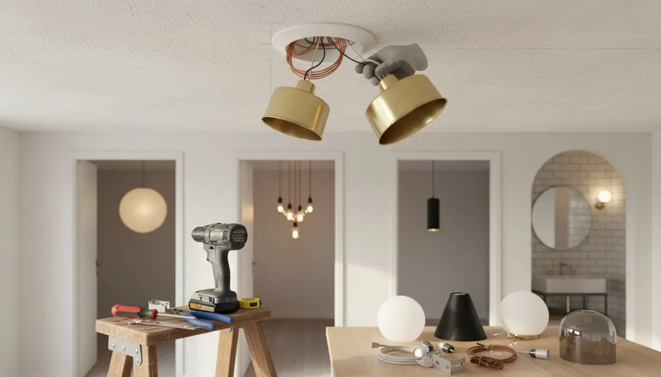 Nærbillede af installation af lamper med roset og værktøj klar til montering i flere rum.