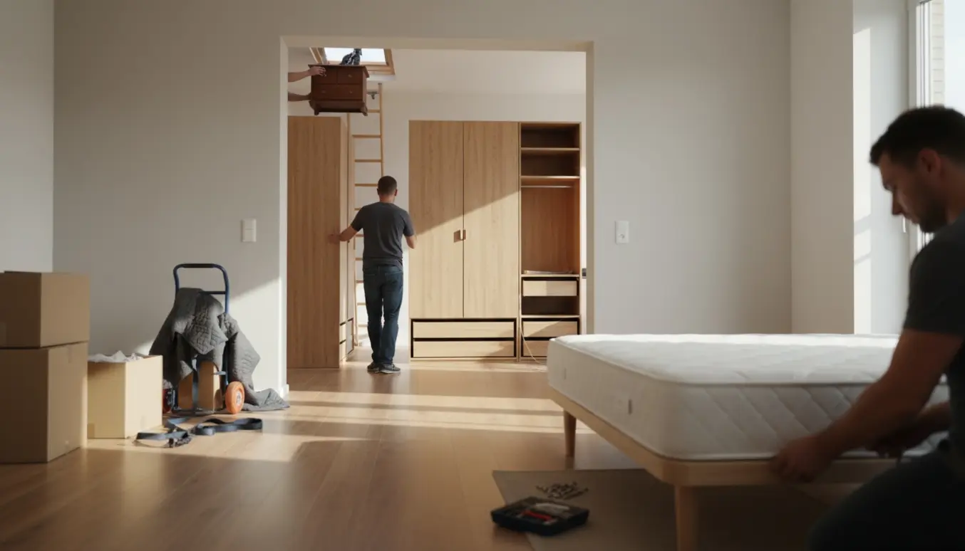 To personer flytter skabe gennem en dør, mens sengeben monteres og en lille kommode bæres ned fra loftet.