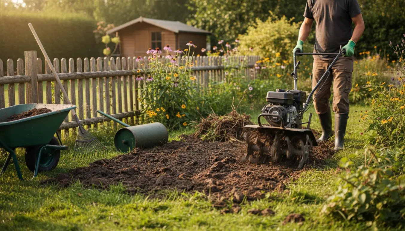 En fræser i aktion i en vildhave, jord vendt og en tromle står klar ved siden af.