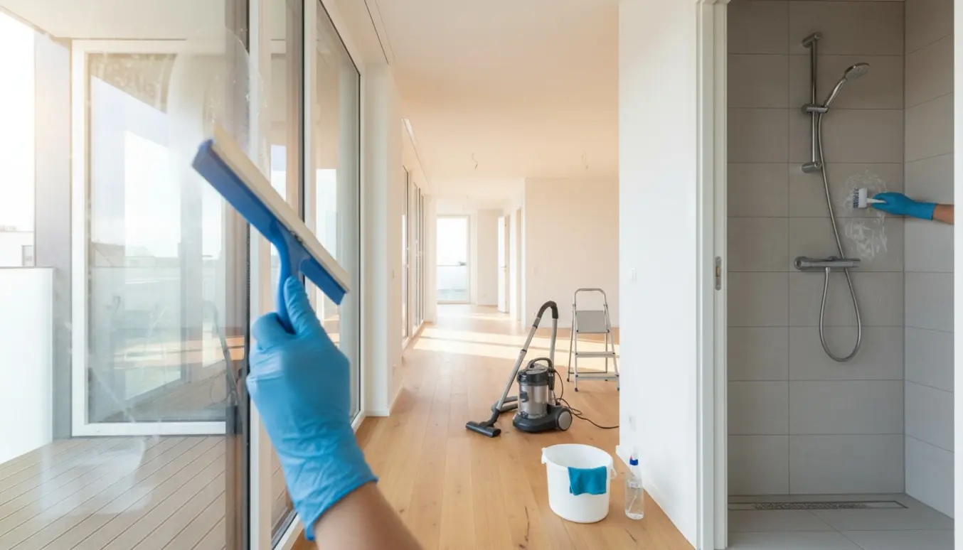 Tom lejlighed under flytterengøring med pudsning af vinduer og skrubning af bruseniche.