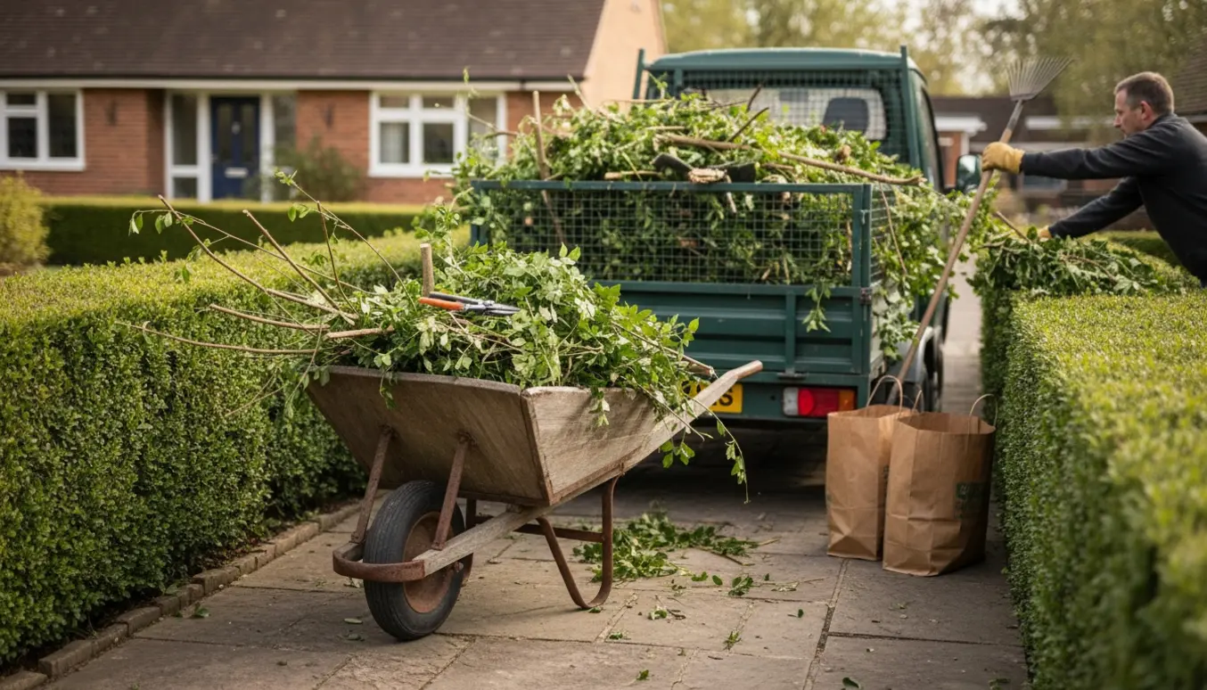 Trillebør og lille trailer fyldt med nyklippede hækafklip ved en nyslået hæk klar til bortkørsel.