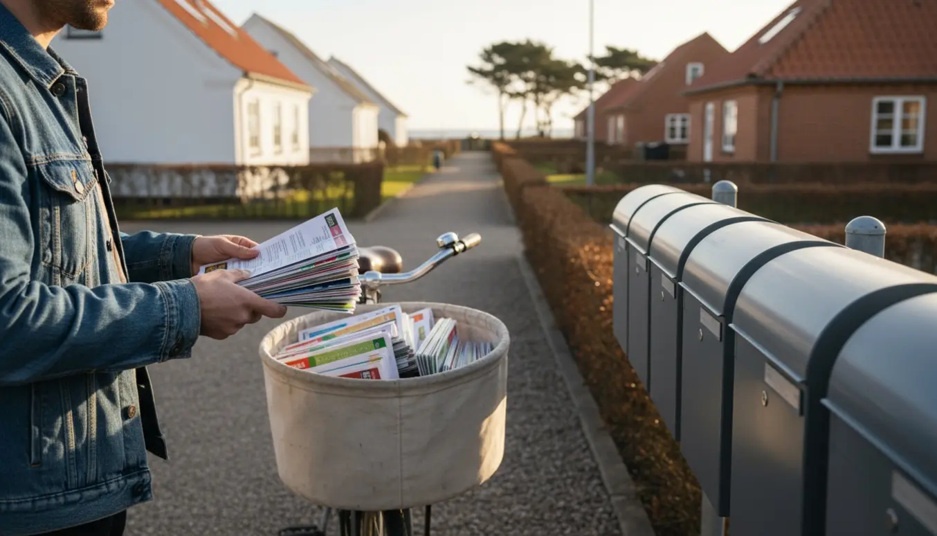 Hænder placerer farverige flyers i postkasser og en cykelkurv foran række huse i Risskov.
