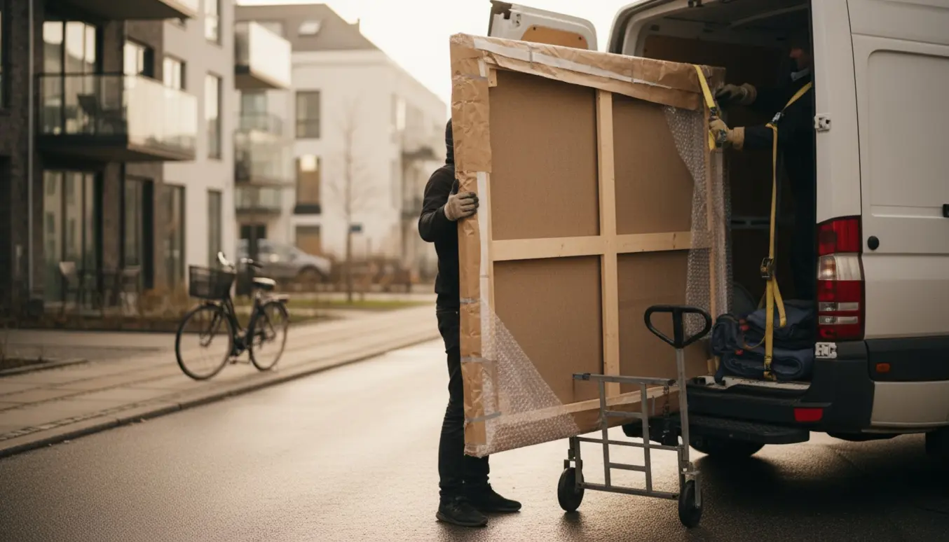 Stort maleri pakket og fastgjort i en varevogn foran moderne byggeri i Amager/Ørestad.