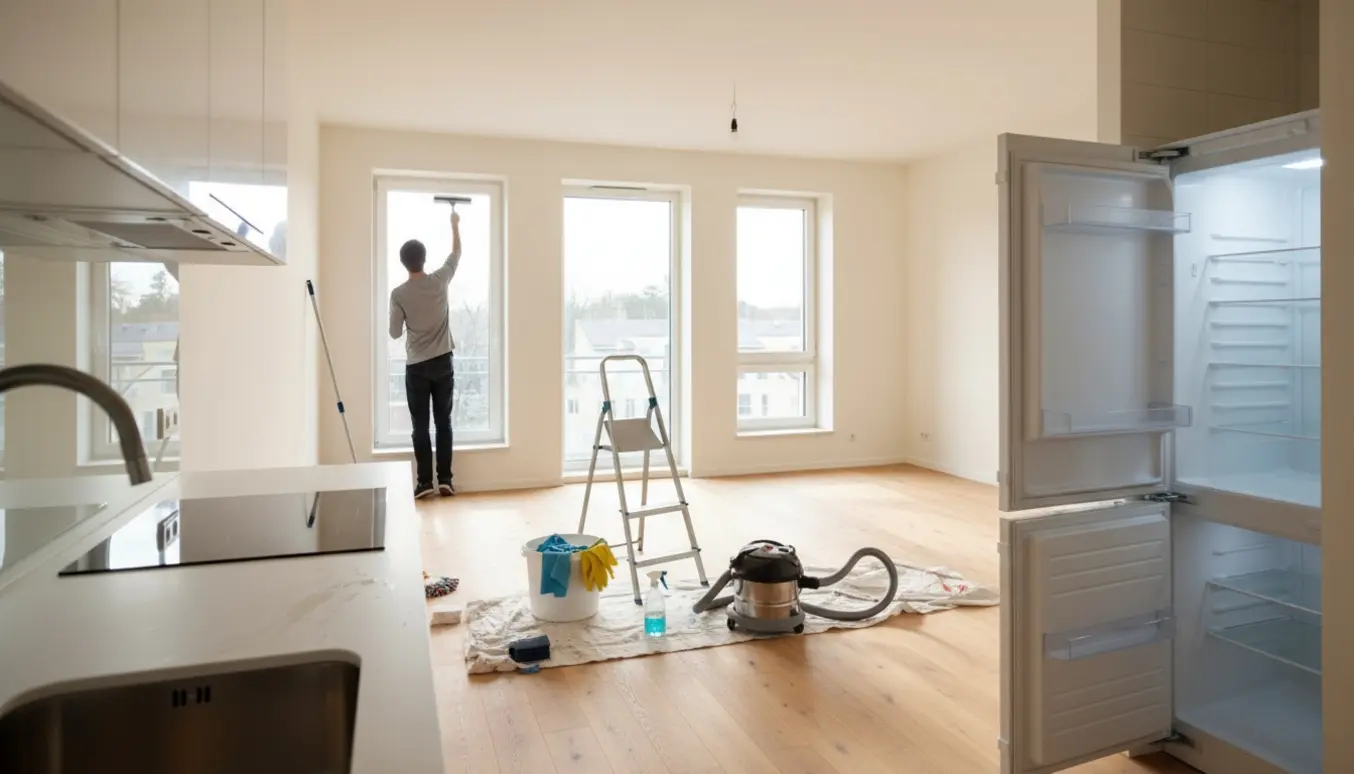 Slutrengøring af nyistandsat lejlighed med person pudser vindue og skinnende køkken.