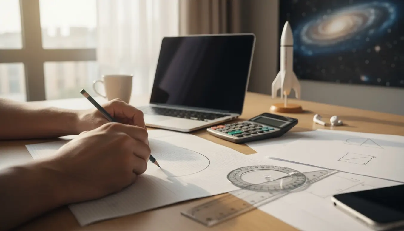 Hænder tegner en orbitalkurve på ternet papir ved et lyst skrivebord med modelraket i baggrunden.