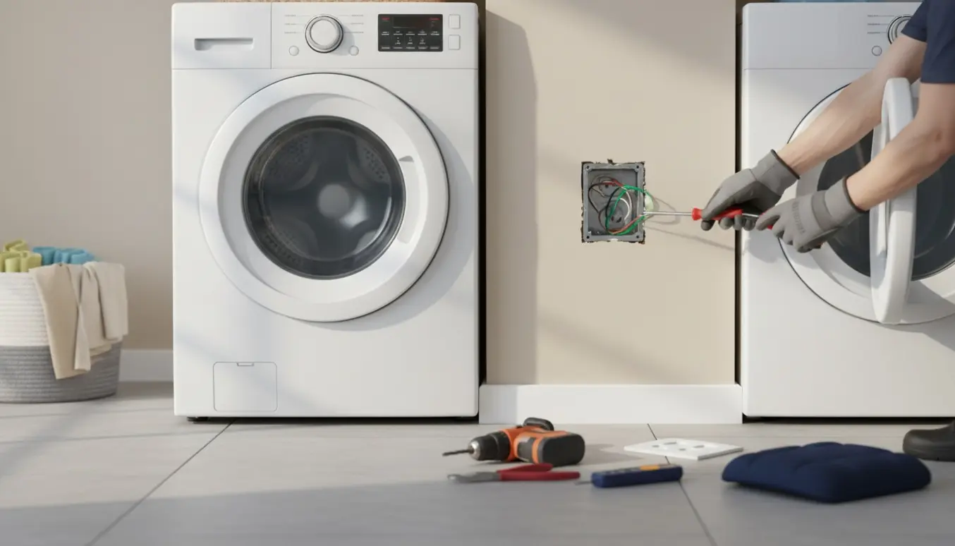Hænder monterer en jordforbundet stikkontakt bag en tørretumbler i et lyst vaskerum.