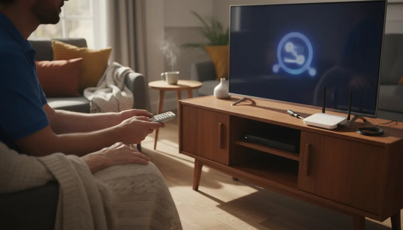 Hænder justerer TV og Wi‑Fi-router i en hyggelig opholdsstue på plejehjemmet, mens en beboer sidder ved siden af.