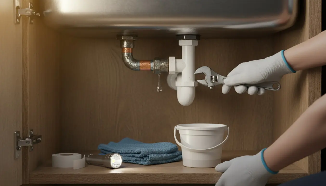 Åbent køkkenskab med dryppende rør under vasken, spand og skruenøgle klar til reparation.