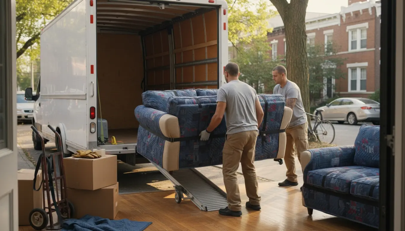 To sofaer pakket i flyttetæpper løftes ind i en åben flyttevogn på en rolig villavej.