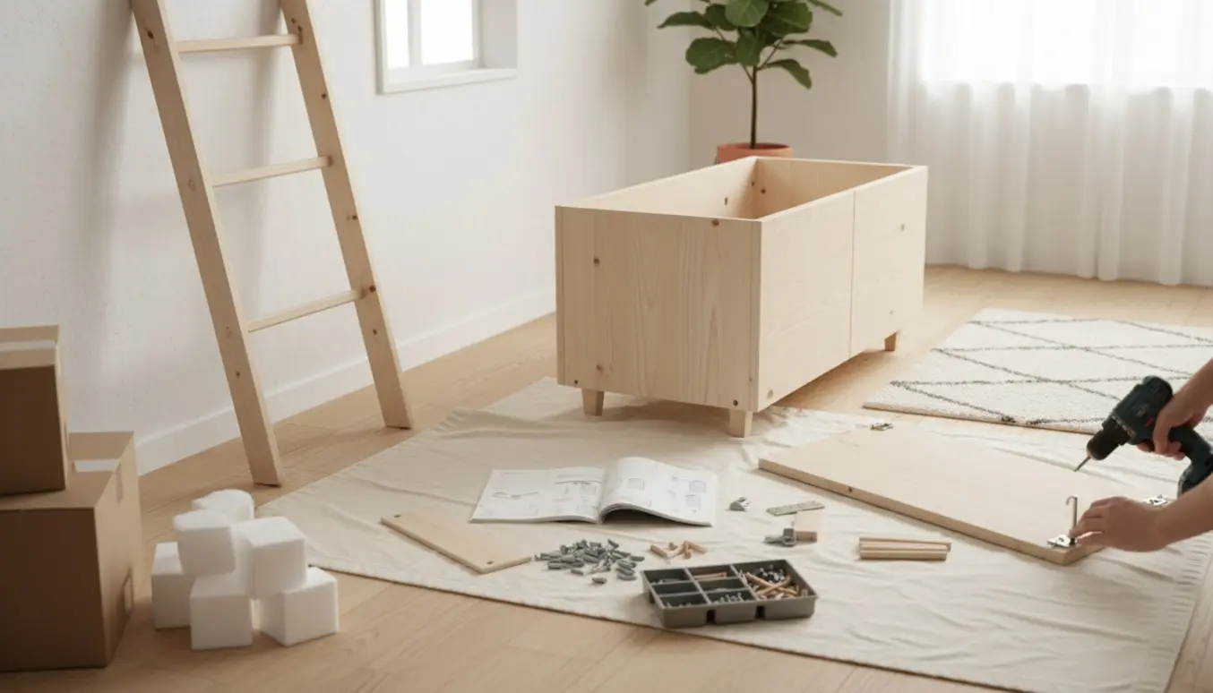 Delvist samlet stigerreol og lille skab i en lys stue med værktøj og samledele på gulvet.