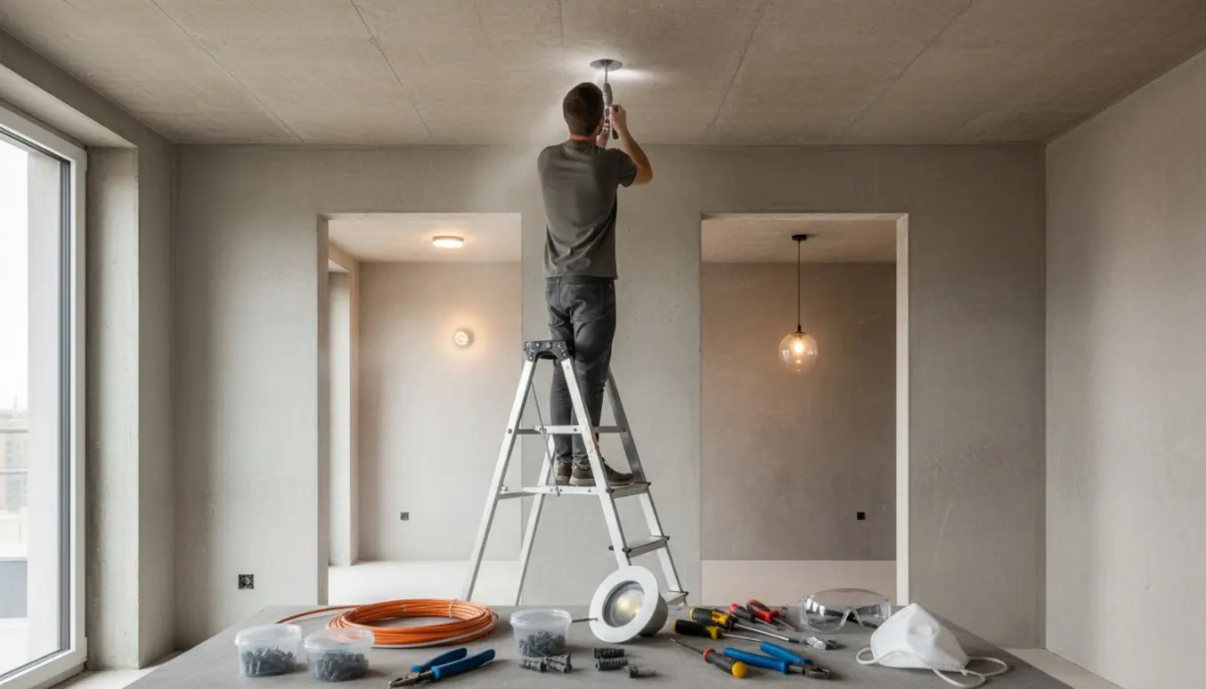 En håndværker på stige borer i et betonloft for at montere loftlamper, mens tilstødende rum viser færdigmonterede lamper.
