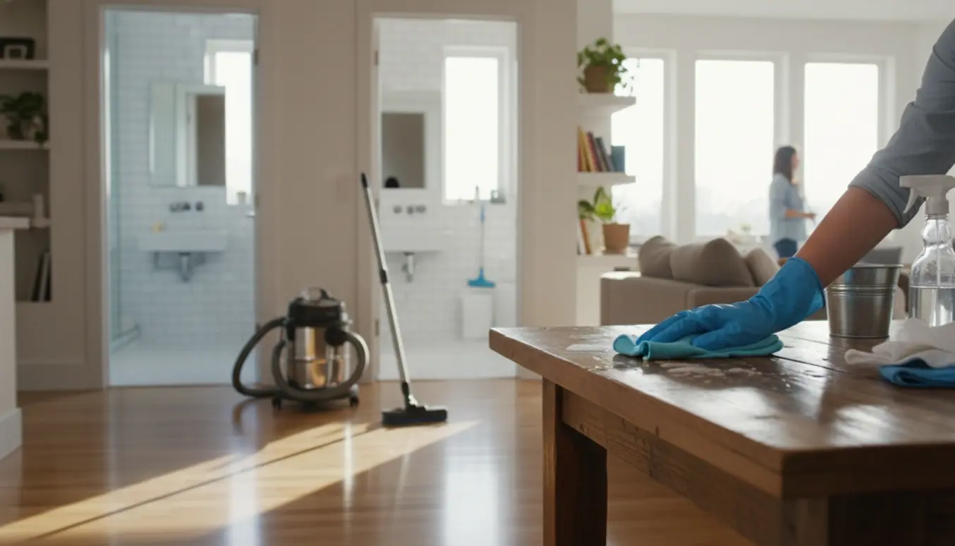 Soloplyst, rummeligt hjem under hovedrengøring med handsker, klud, støvsuger og et skinnende badeværelse i baggrunden.