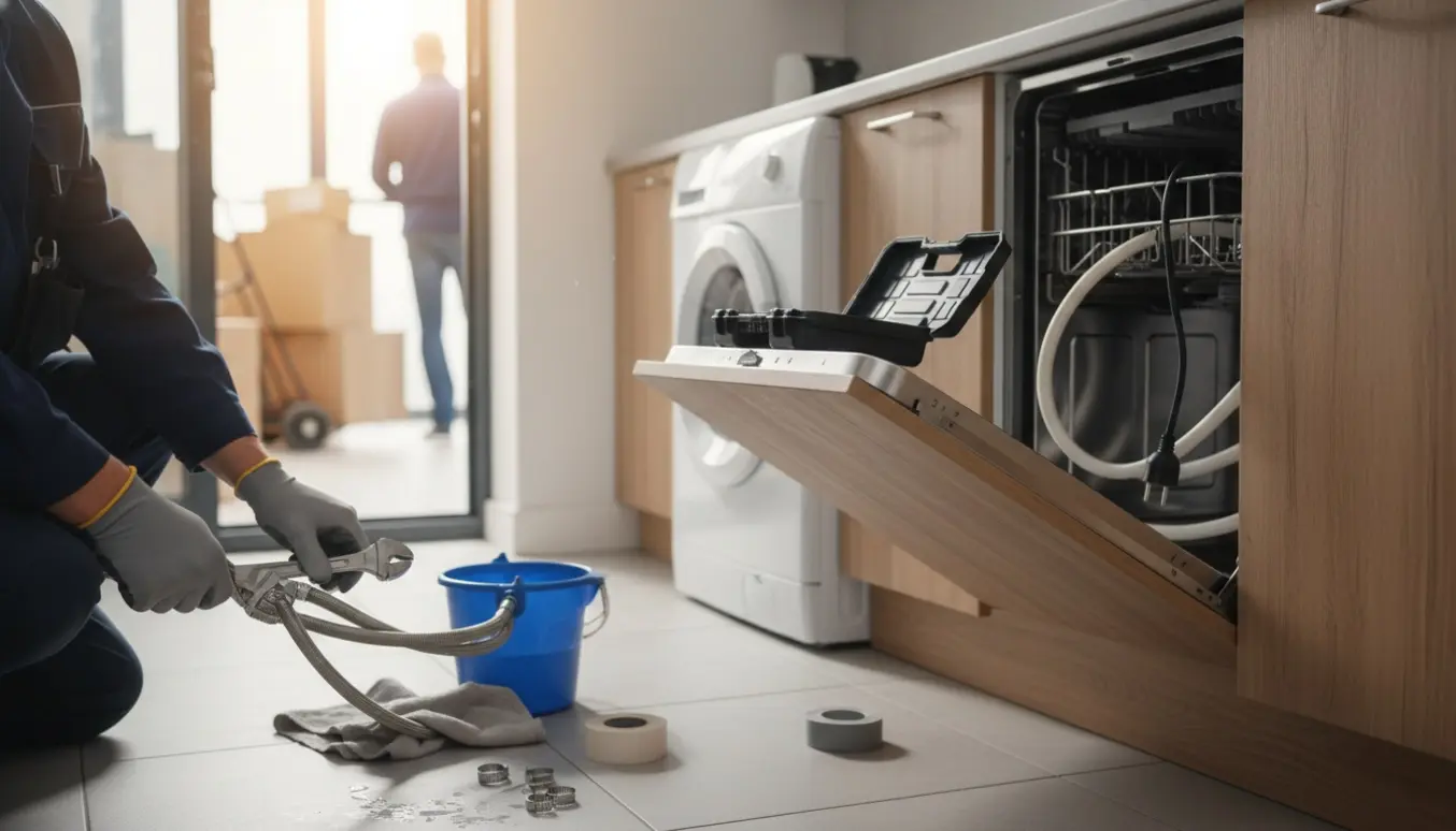 Tekniker afmonterer vaskemaskine og forbereder opvaskemaskine til flytning i et solbelyst køkken.