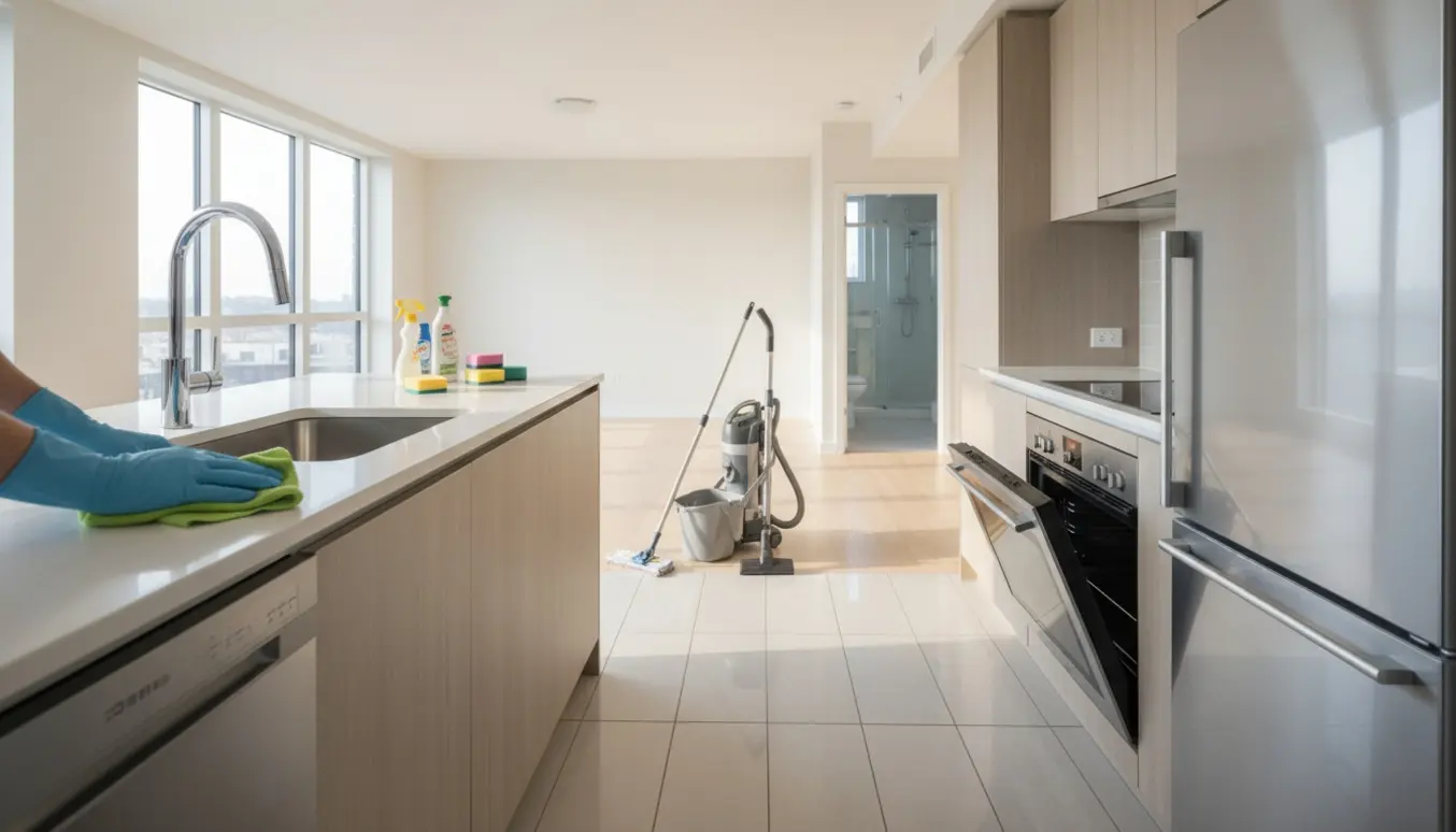 Lyst, nyvasket flytteklart køkken og stue med rengøringsudstyr og hænder, der polerer en armatur.