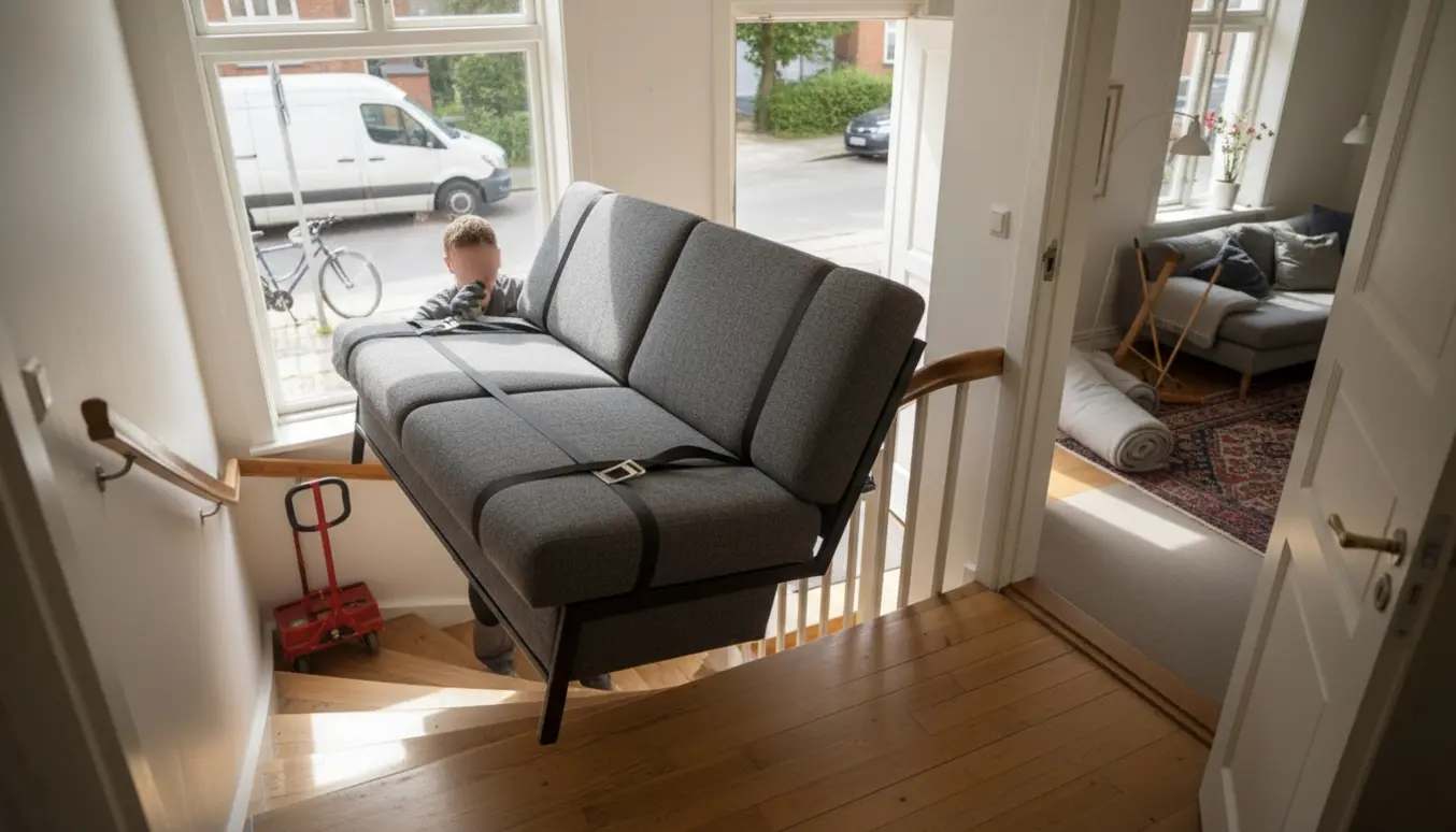 To flyttemænd bærer en sovesofa ned ad en trappe i en lys lejlighed med flyttebil udenfor.