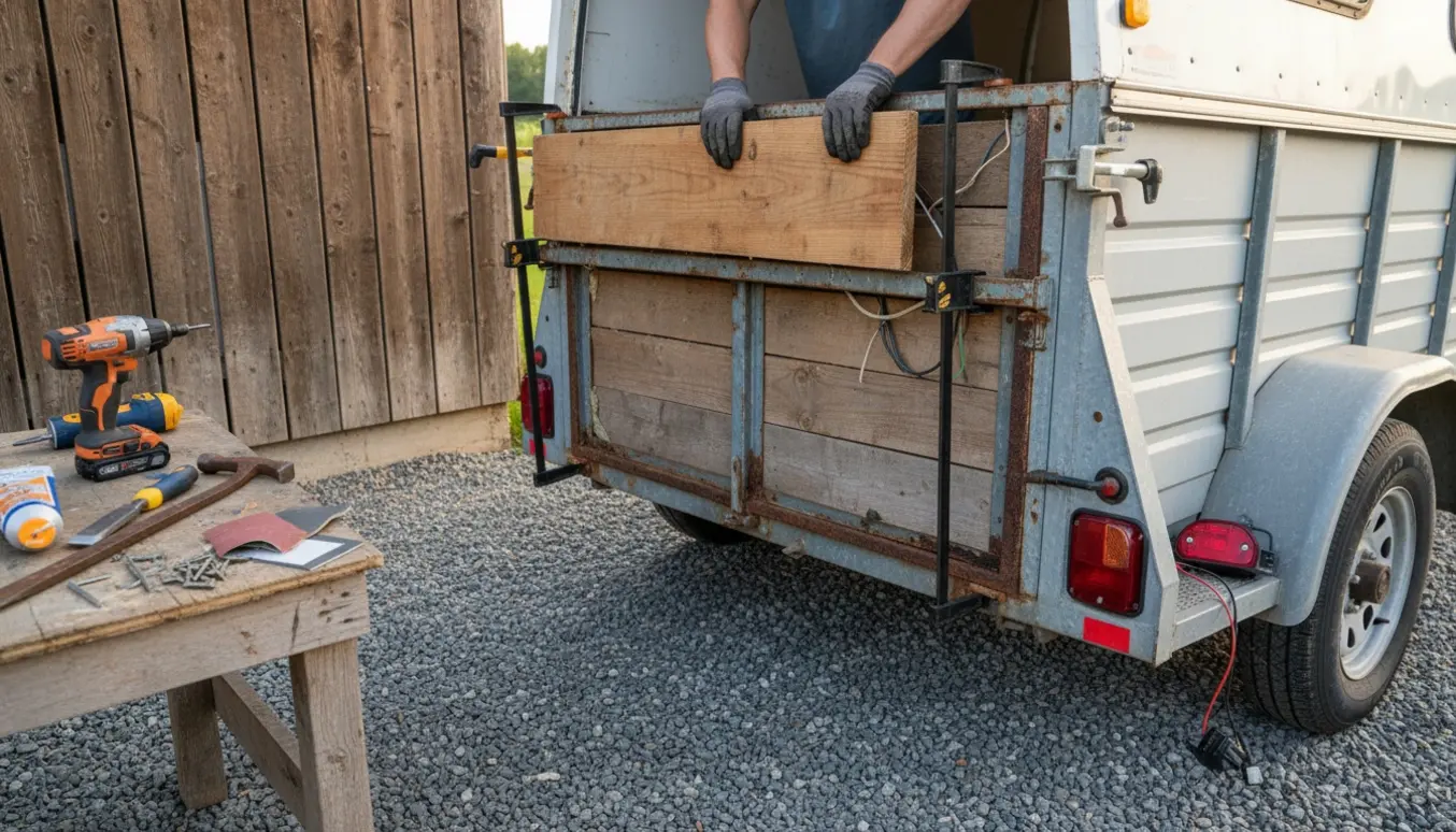 Nærbillede af reparation af hestetrailers træside med værktøj og ny baglygte klar til montering.
