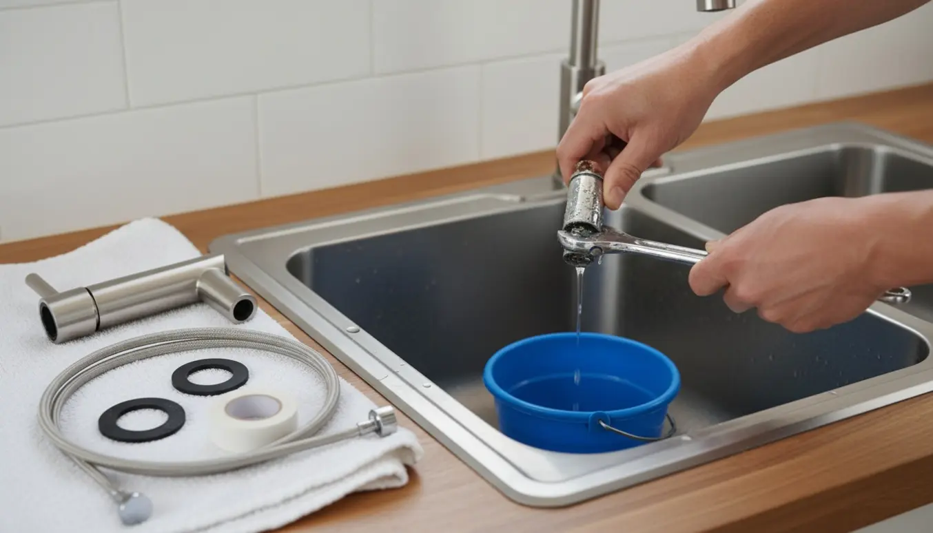 Nærbillede af hænder, der udskifter en utæt køkkenvandhane med nyt armatur og værktøj på kanten af en vask.