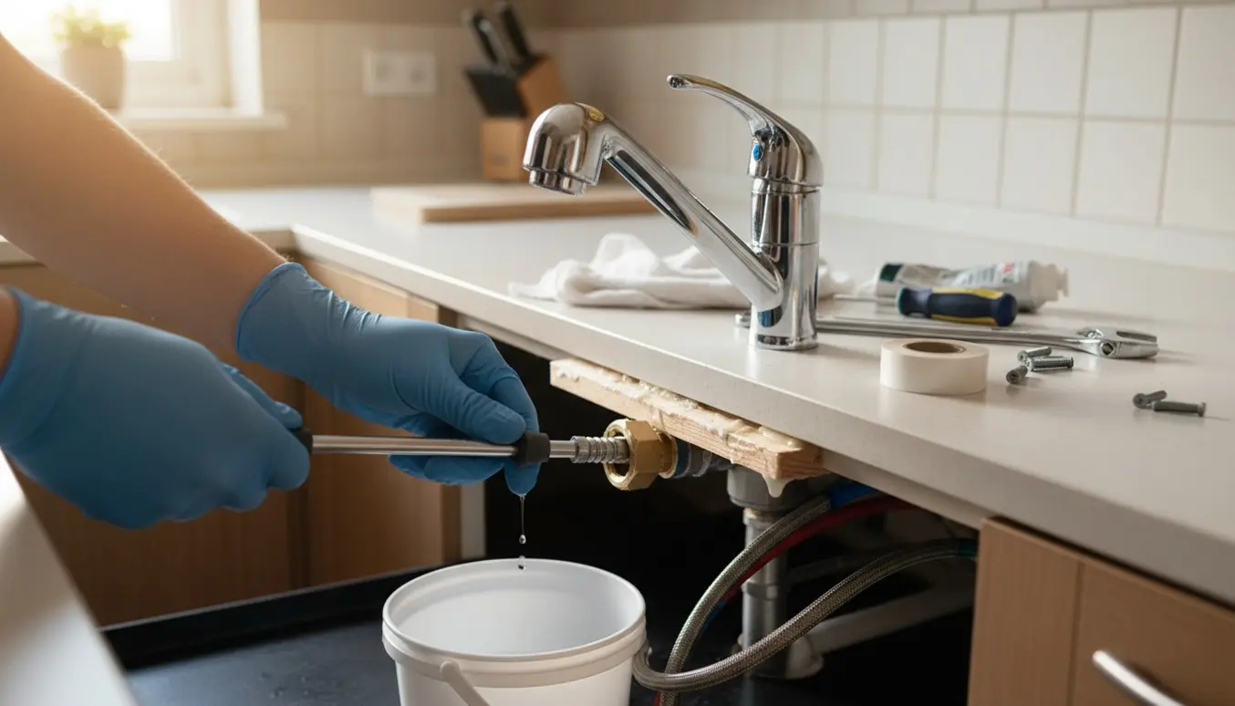 Nærbillede af montering af et nyt enkeltgrebs blandingsbatteri ved en køkkenvask med værktøj på bordpladen.